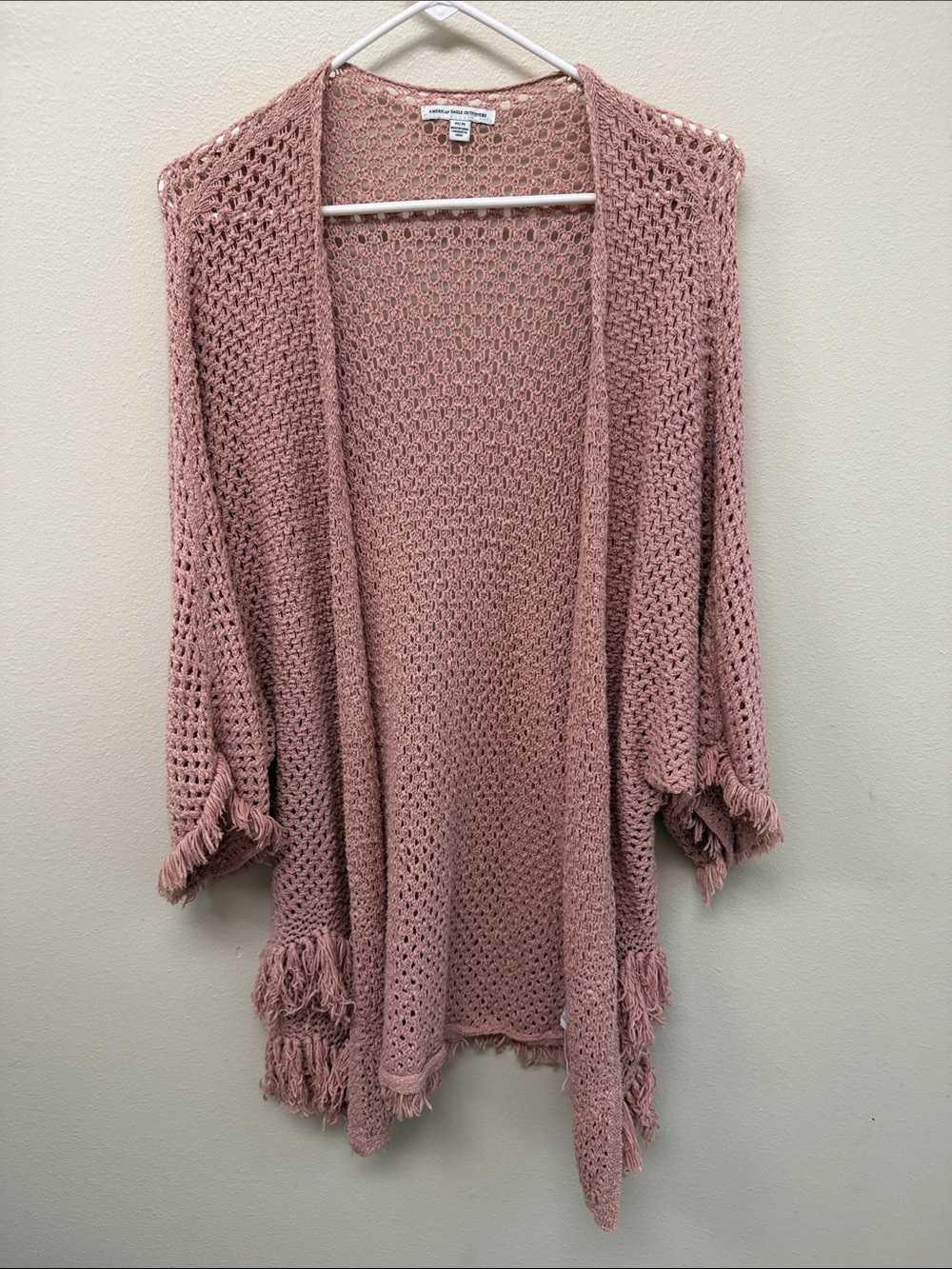 American Eagle Outfitters Crochet Open-Front Fringe Cardigan - Dusty Rose